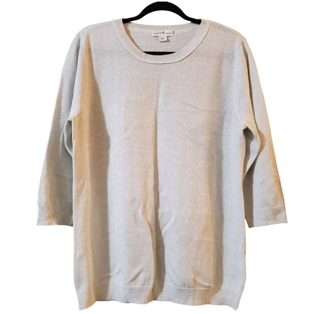 Jaclyn Smith Womens Crew Neck Sweater Size XL White Metallic Silver 3/4 Sleeve